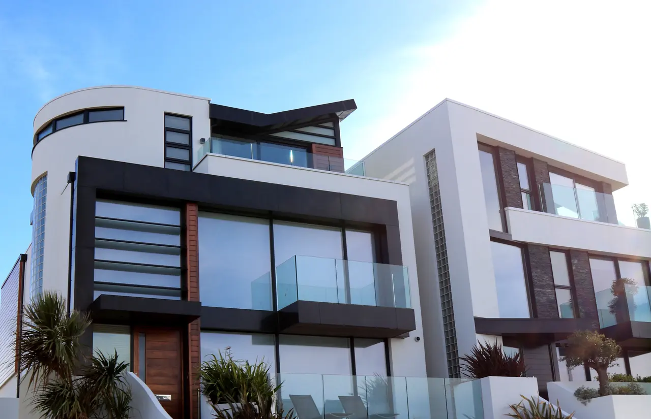 Modern white residential architecture in strong daylight