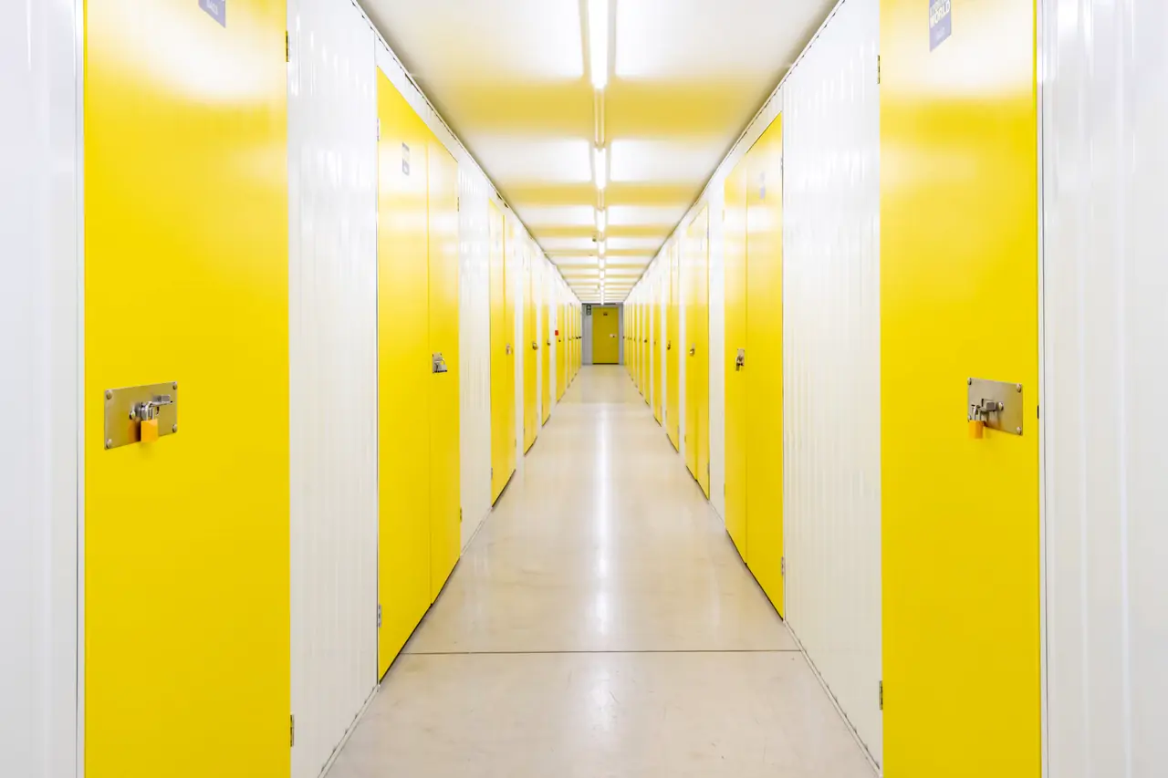 Indoor self-storage corridor with repeating unit doors